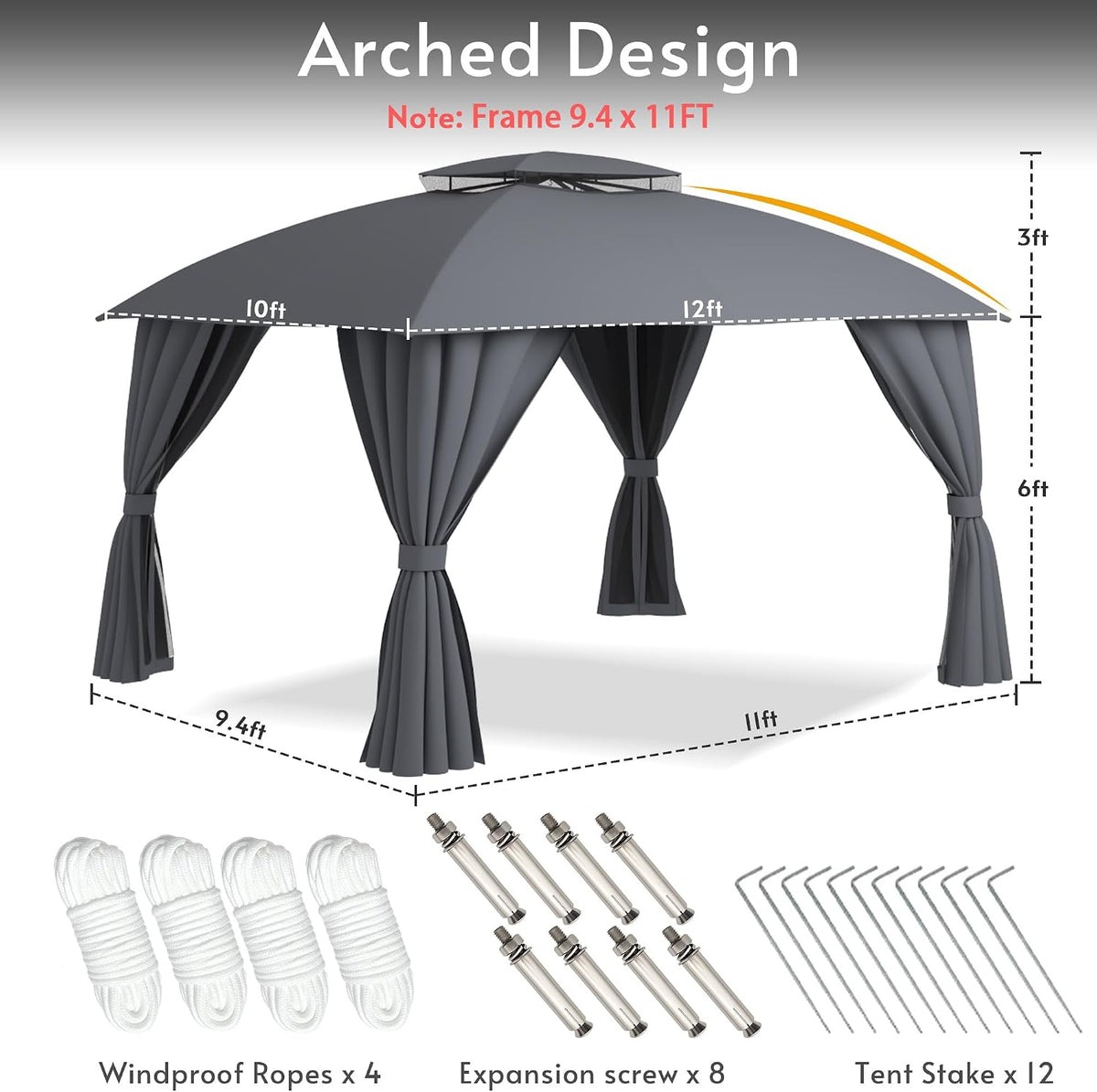 Gazebo 10x12(Canopy Size) with Mosquito Netting & Privacy Screens. Double Roof Design Outdoor Gazebo with Trapezoidal Support System for Patio, Deck, Backyard, Garden & Lawns (Charcoal Gray)