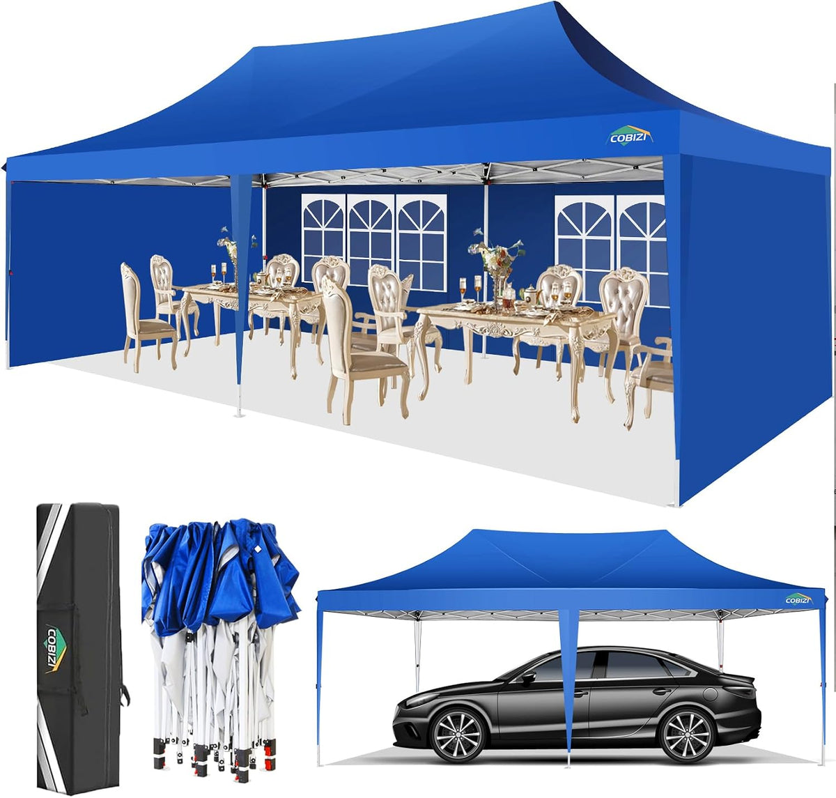 COBIZI Pop up Gazebo 3M x 6M Marquee Gazebo with Sides 2.0, Upgrade Structure Wind & Waterproof Easy up UV Blocking with 4 Sidewalls & Carry Bag & 4 Stakes & Ropes, Light Blue