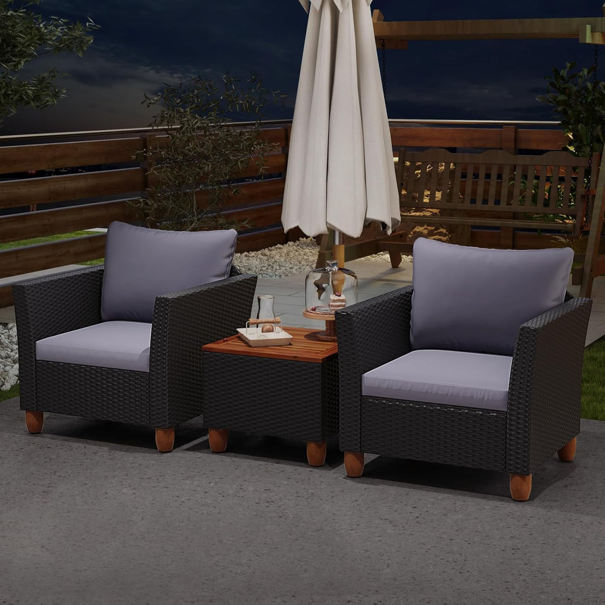 LDAILY Patio 3 Pieces Patio Furniture Set, PE Rattan Outdoor Wicker Sofa Chair with Washable Cushion & Wood Storage Table, Patio Conversation Set for Porch, Yard, Garden (Grey)