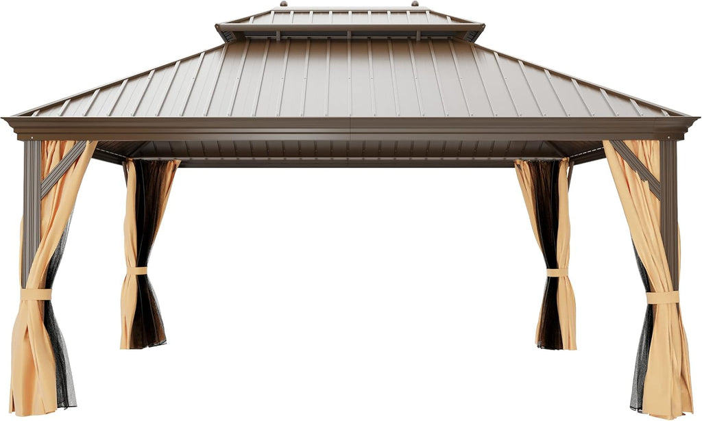 12X16 ft Hardtop Gazebo Outdoor Aluminum Patio Gazebo Double Roof Galvanized Steel Gazebo Canopy with Netting and Curtains,for Garden Patio,Patio Backyard,Deck and Lawns