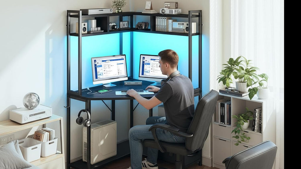 DurayLoly Corner Desk, 35.4' W x 63' H Small Gaming Desk and Black Office Desk with Hutch & LED Lights, Computer Desk with Drawers for Storage & Shelves and Hook for Small Space, Black