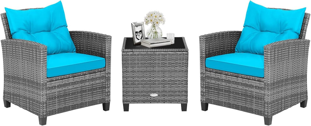 HAPPYGRILL 3 Pieces Patio Conversation Set, Outdoor Furniture Set PE Rattan Sofa Set with Removable Cushions, PE Wicker Chairs with Tempered Glass Side Table for Porch Lawn Garden Balcony Backyard