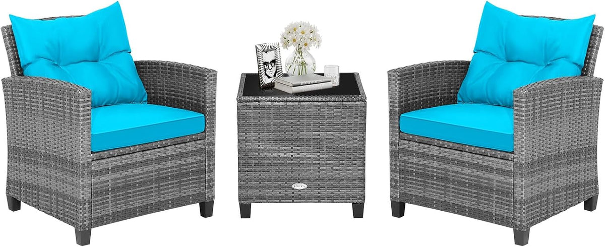 HAPPYGRILL 3 Pieces Patio Conversation Set, Outdoor Furniture Set PE Rattan Sofa Set with Removable Cushions, PE Wicker Chairs with Tempered Glass Side Table for Porch Lawn Garden Balcony Backyard