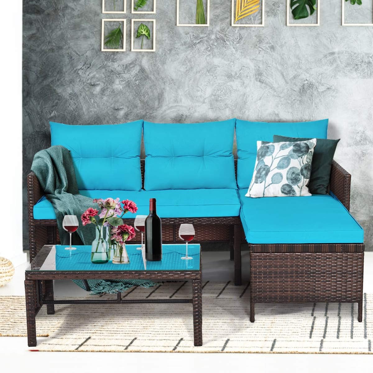 3 Pieces Rattan Sectional Sofa Set, Patio Wicker Rattan Conversation Set with Chaise Lounge, Love Seat & Coffee Table, Patio Furniture Set for Garden, Lawn, Poolside (Turquoise)