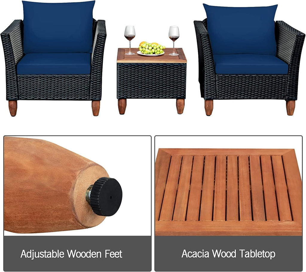 LDAILY Patio 3 Pieces Patio Furniture Set, PE Rattan Outdoor Wicker Sofa Chair with Washable Cushion & Wood Storage Table, Patio Conversation Set for Porch, Yard, Garden (Navy)