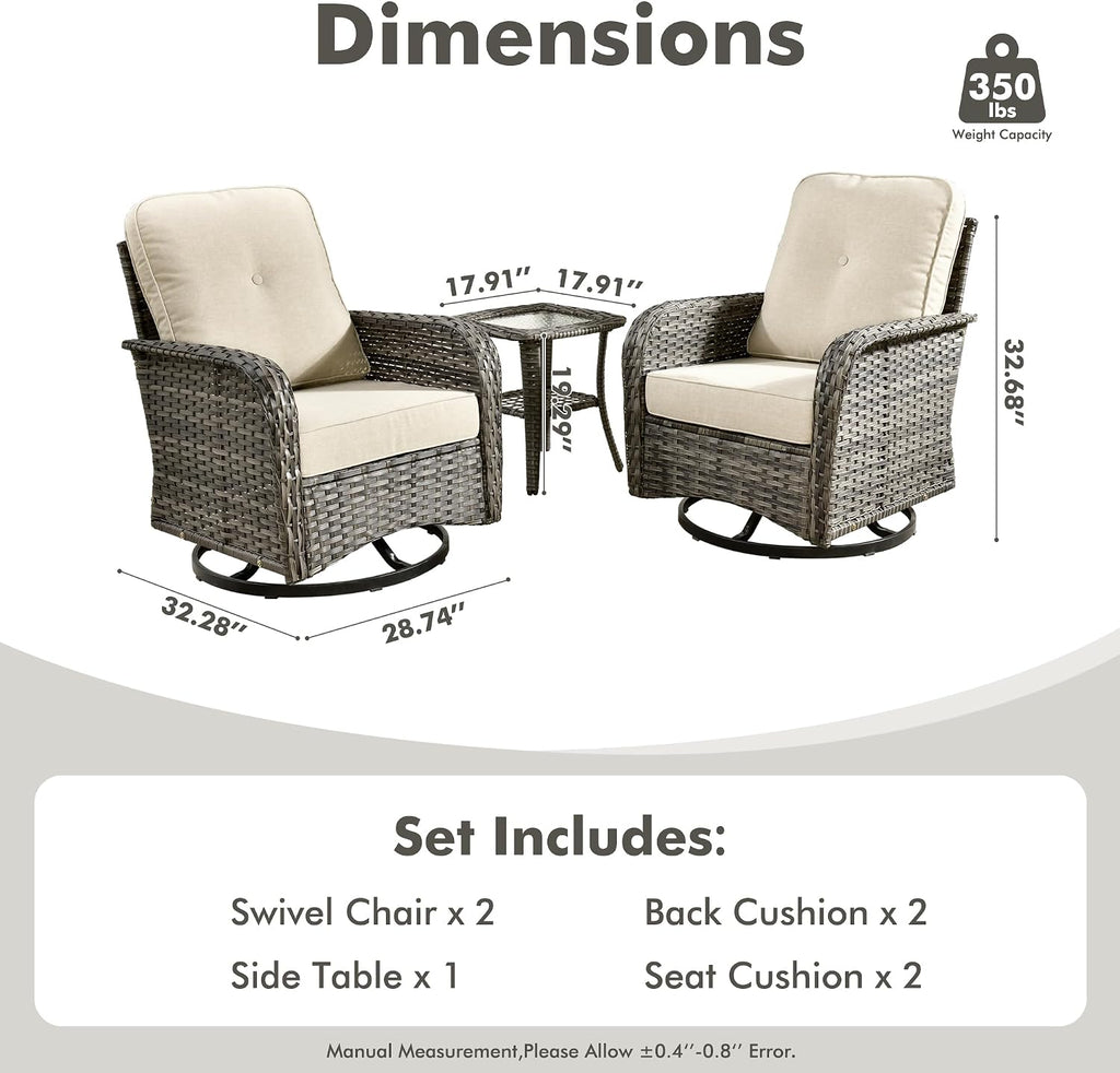 CAODOC 3-Piece Swivel Rocking Rattan Chair Outdoor, Patio Bistro Furniture Conversation Set, Wicker Chair with Coffee Table Beige