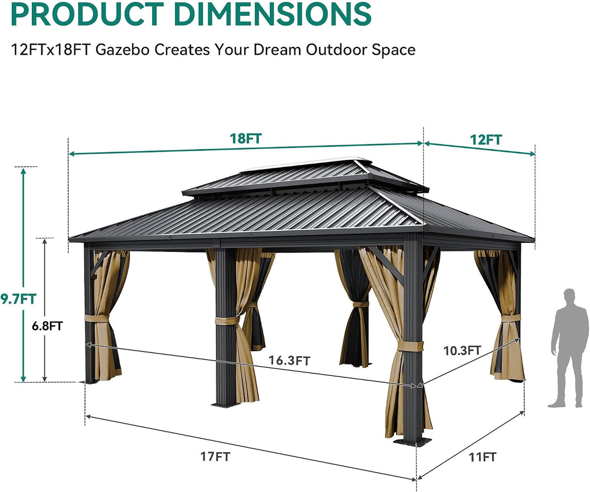 YITAHOME 12X18FT Meatl Hardtop Gazebo Metal Double Roof Canopy Galvanized Iron Aluminum Pillar Garden Tent Curtains Netting for Patios Backyards Decks Lawns