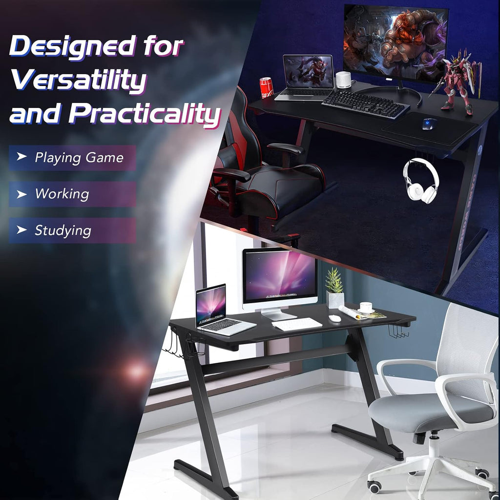 Goplus Gaming Desk & Chair Combo Set, Racing Style Home Office Chair & Desk w/Cup Holder, Headphone Hook & Mouse Pad,Ergonomic E-Sport Computer Desk Chair Furniture w/Massage Lumbar Support(Red)