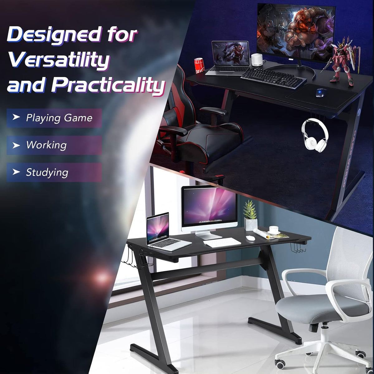 Goplus Gaming Desk & Chair Combo Set, Racing Style Home Office Chair & Desk w/Cup Holder, Headphone Hook & Mouse Pad,Ergonomic E-Sport Computer Desk Chair Furniture w/Massage Lumbar Support(Red)