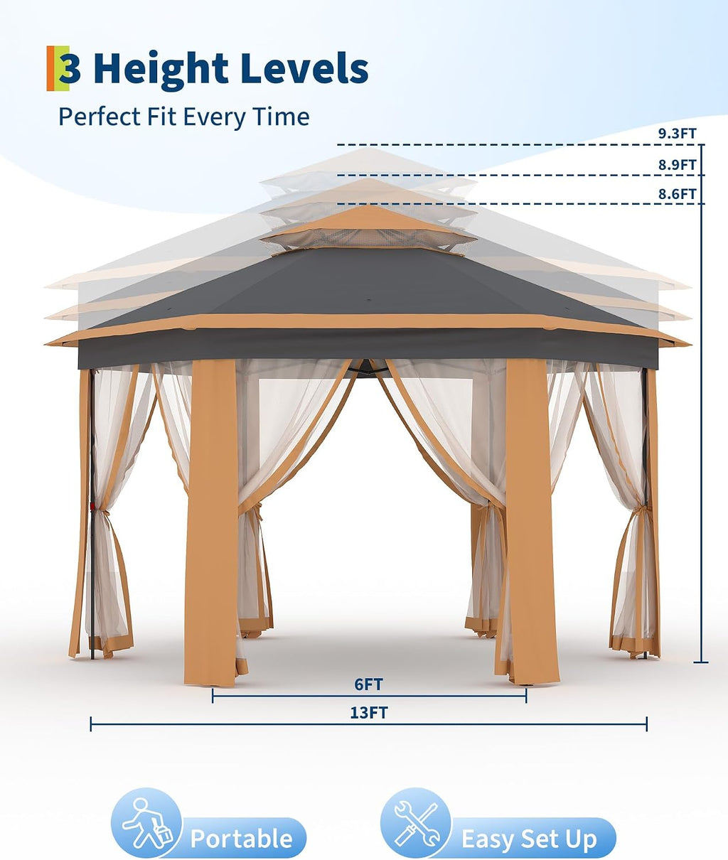 GarveeLife 13'x13' Pop-Up Gazebo, Outdoor Hexagonal Patio Gazebo with Mosquito Netting, Instant Setup Canopy Tent with Strong Steel Frame and Sandbags, for Backyard, Gardens, Patio (Khaki)