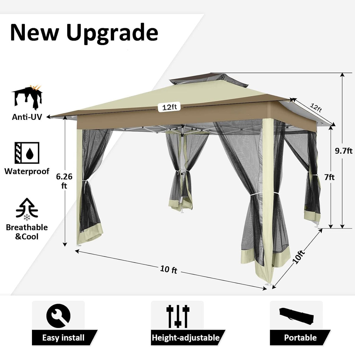 COBIZI 12x12 Pop Up Gazebo On Clearance - Upgrade Easy Up Metal Outdoor Canopy Waterproof - Portable Gazebo with Mosquito Nettings, 4 Ropes 8 Stakes and Carry Bag for Patio Garden(Khaki)