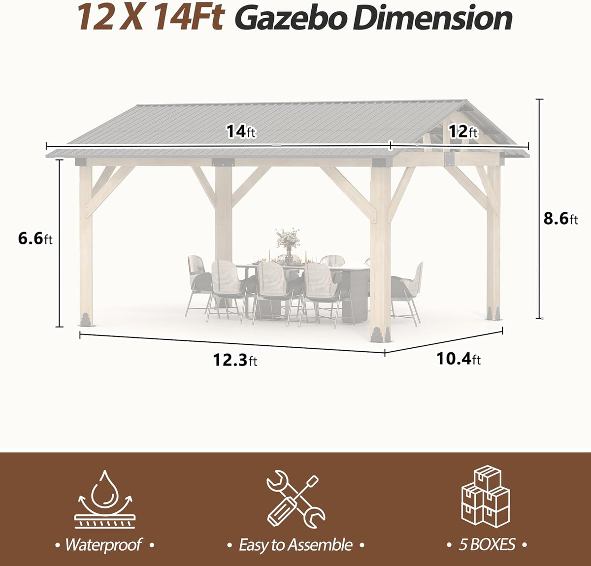 12' × 14' Wood Gazebo, Outdoor Cedar Hardtop Wooden Frame Gazebos with Galvanized Steel Roof for Garden, Patio, Deck