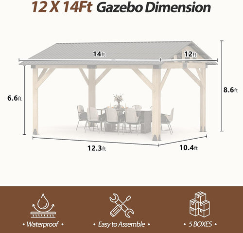 12' × 14' Wood Gazebo, Outdoor Cedar Hardtop Wooden Frame Gazebos with Galvanized Steel Roof for Garden, Patio, Deck