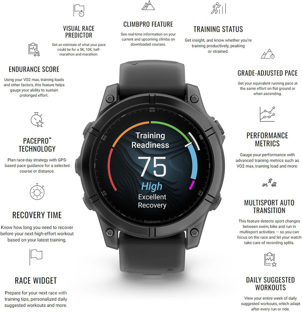 Garmin Fenix E 47MM AMOLED Premium Multisport GPS Smartwatch, 16 Days Long-Lasting Battery Life, Stainless Steel with Black Silicone Band, Fitness & Health Smart Watch Bundle for Men and Women