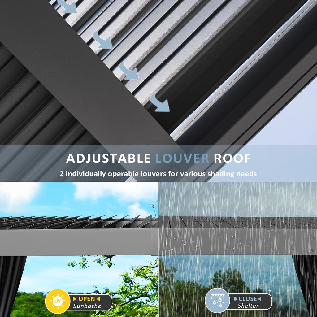 Aoxun Louvered Pergola 12' x 16' Outdoor Aluminum Pergola Adjustable Roof, with Waterproof Curtains and Nets, for Decks, Gardens, Gray