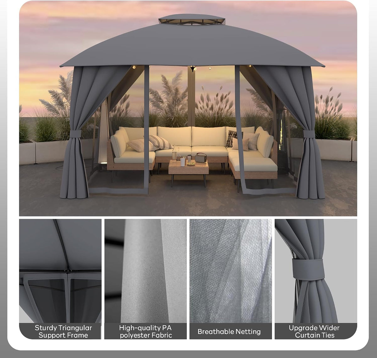 Gazebo 10x12 (Canopy Size) with LED Light & Mosquito Netting & Privacy Screens. Double Roof Design Outdoor Gazebo with Trapezoidal Support System for Patio, Deck, Backyard, Garden & Lawns