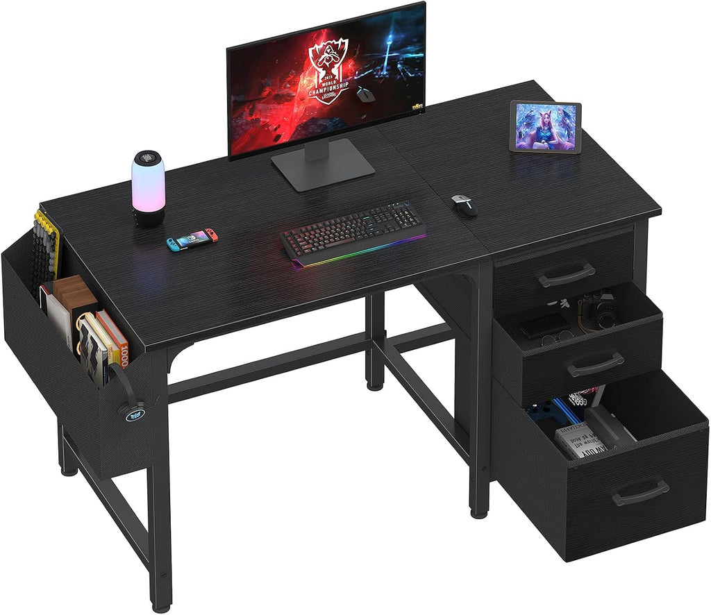 Lufeiya Computer Desk with File Drawers Cabinet, 47 Inch Reversible Home Office Desks with Filing Cabinet for Small Space, Gaming Study Writing Table PC Desks, Black