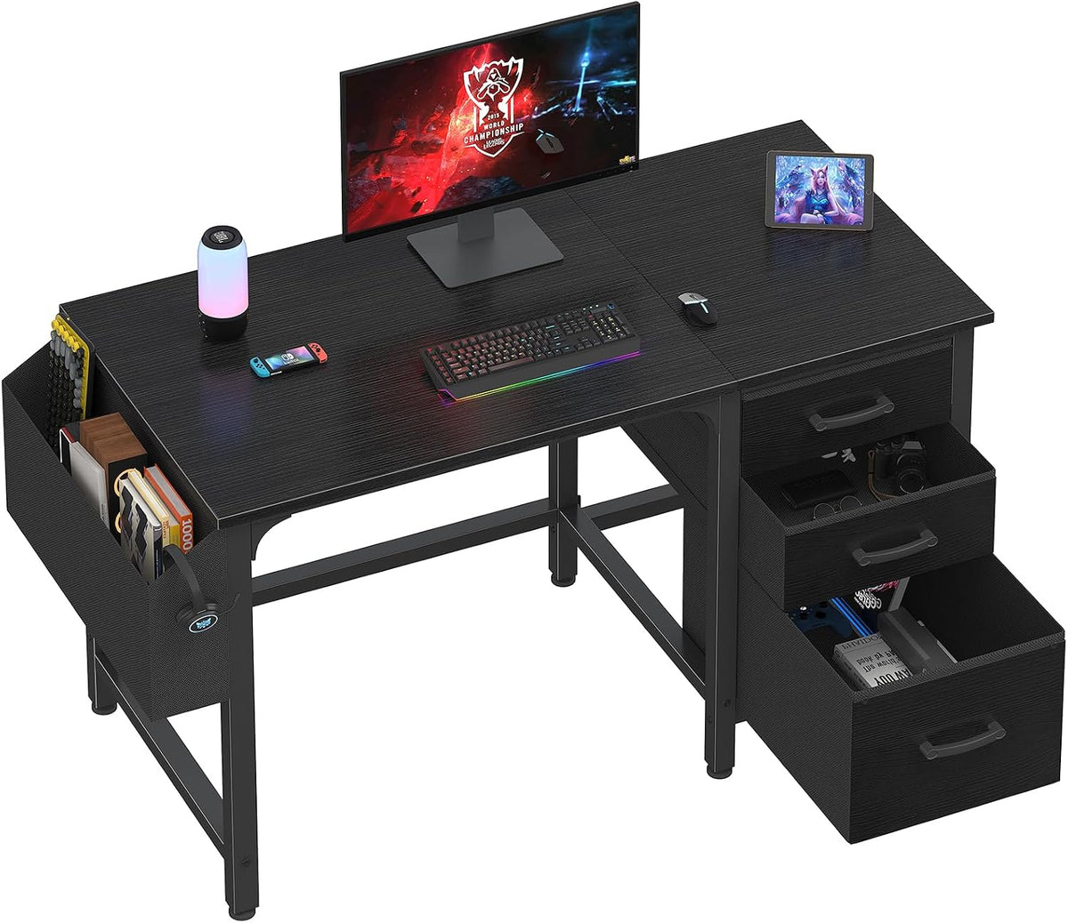 Lufeiya Computer Desk with File Drawers Cabinet, 47 Inch Reversible Home Office Desks with Filing Cabinet for Small Space, Gaming Study Writing Table PC Desks, Black