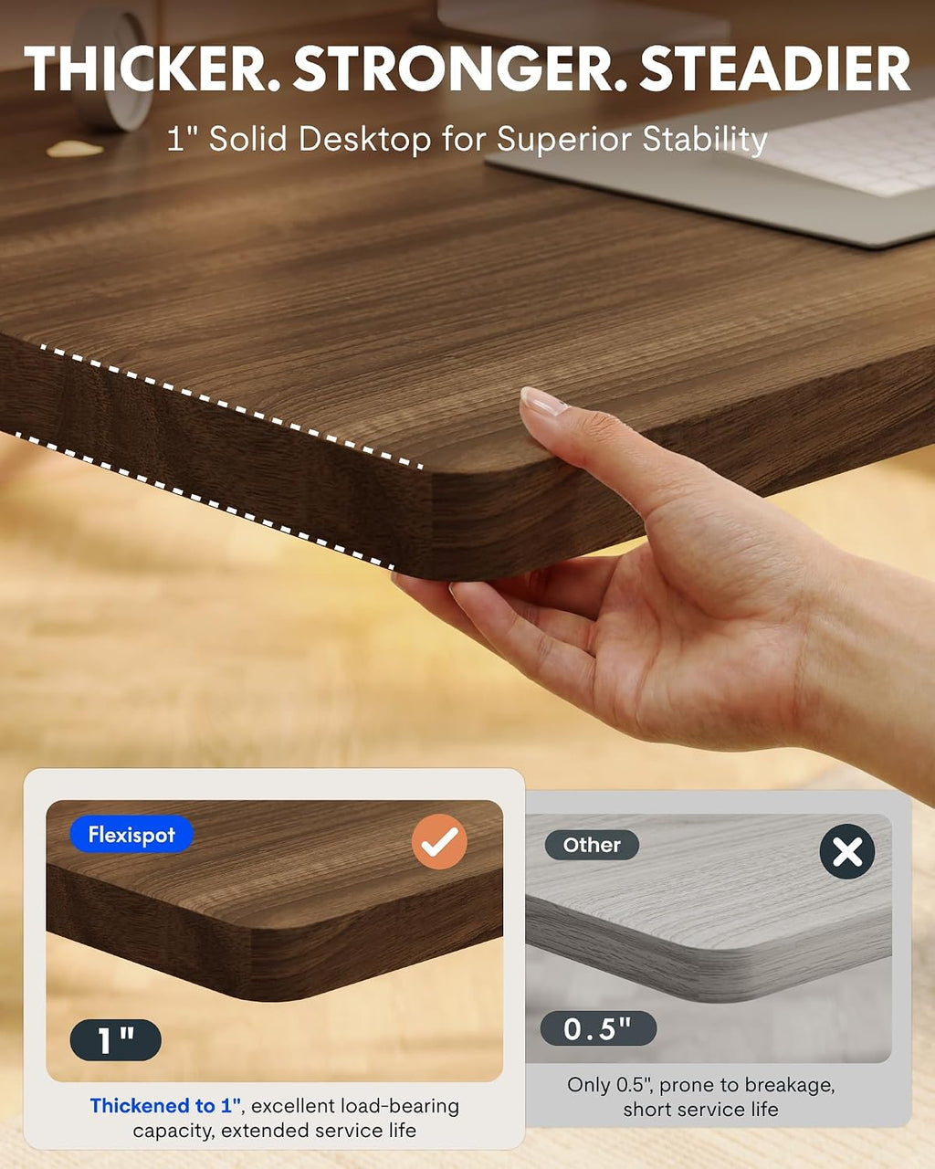 FLEXISPOT EN1 One-Piece Standing Desk with 1-Inch Thick Seamless Desktop, 48'x24' Electric Height Adjustable Desk for Home Office, Multi-Monitor Setups & Easy Assembly, Black Walnut