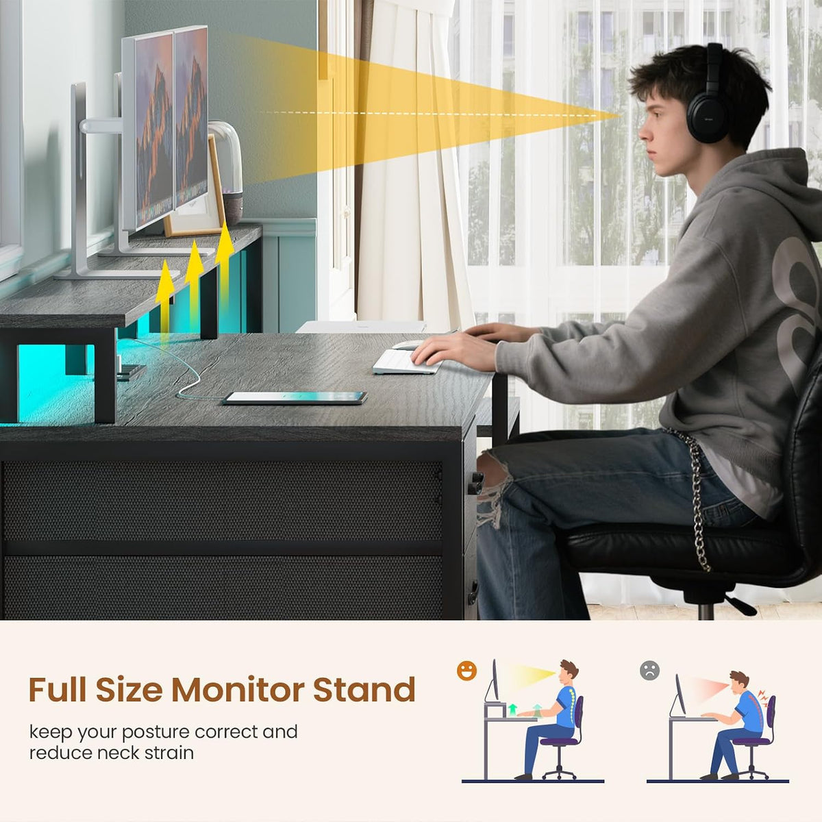 SEDETA Home Office Desk with File Drawer & Power Outlet, 66'' Computer Desk with 5 Drawer, Storage Shelves, Printer Cabinet and Monitor Shelf, Gaming Desk with Led Lights, Grey