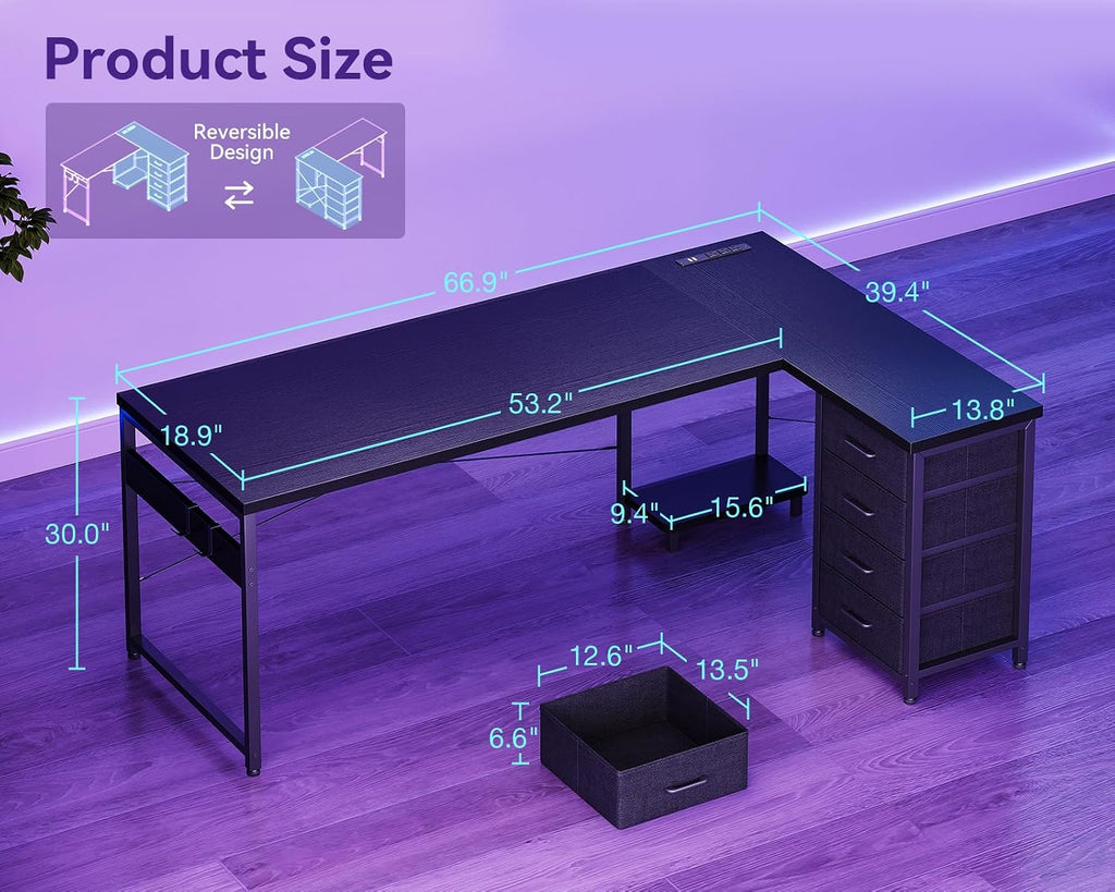 AODK L Shaped Gaming Desk with 4 Drawers, 67' Reversible Home Office Desks with Power Outlets, L Shaped Computer Desk with USB Charging Port and Host Stand, Corner Desk, Easy to Assemble, Black