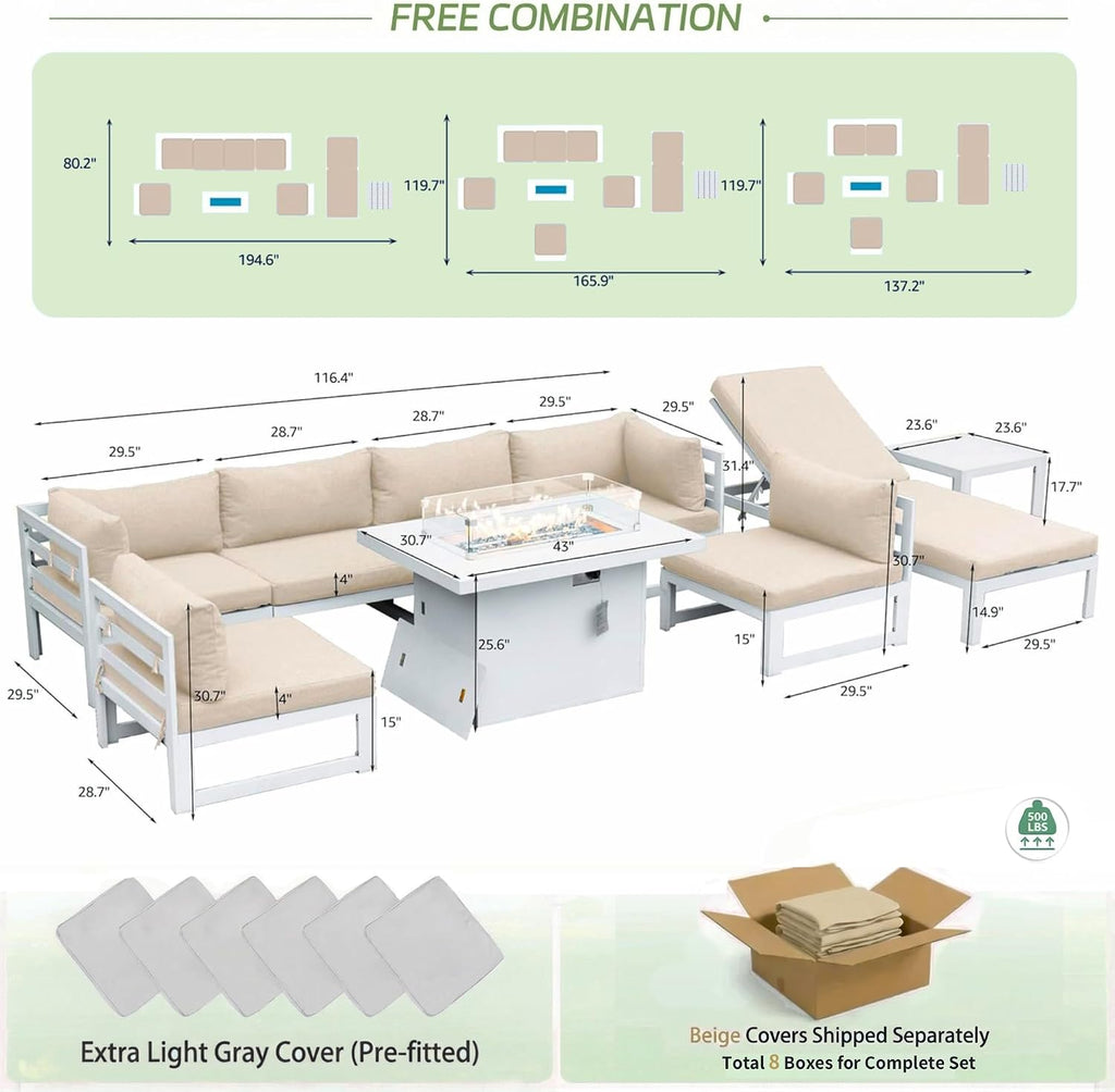 RADIATA 9 Piece Modern Aluminum Outdoor Patio Furniture Set with Lounger & Fire Pit Table, Extra Large All-Weather Modular Sectional Couch, 29' Wide Deep Seating Conversation Sofa for Poolside, Beige