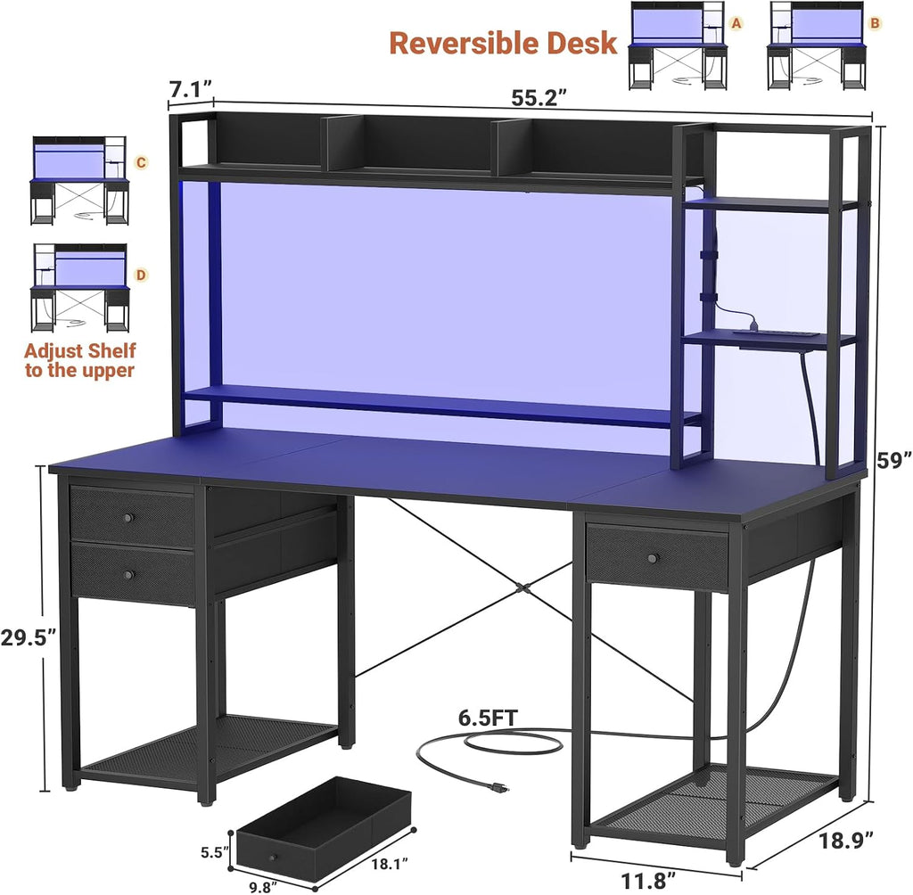 Aheaplus Desk with LED and Outlets, Gaming Desk with Hutch, 55.2'' Computer Desk with Drawers, Reversible Office Desk with Storage Bookshelf Large Workstation Desk with Shelf, Desk for Home, Black