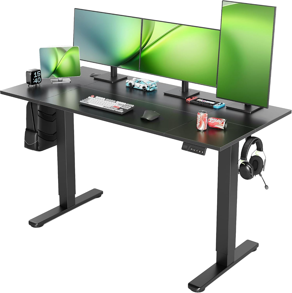 Seang Electric Standing Desk Adjustable Height, 55 x 24 Inch Sit Stand Desk with T-Shaped Frame, 3 Memory Presets & Cable Management for Home Office Computer Workstation, Black Frame/Black Top
