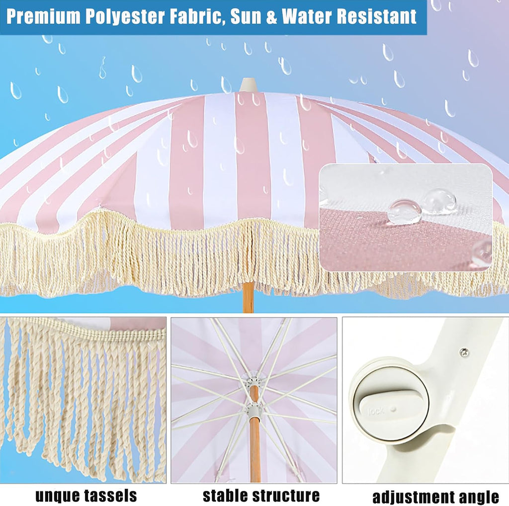 Premium Patio Umbrella with Fringe,Round Umbrella with 8 Sturdy Ribs,7 Ft Outdoor Table Umbrellas,Sun Shade Rainproof Garden Umbrellas,Button Tilt