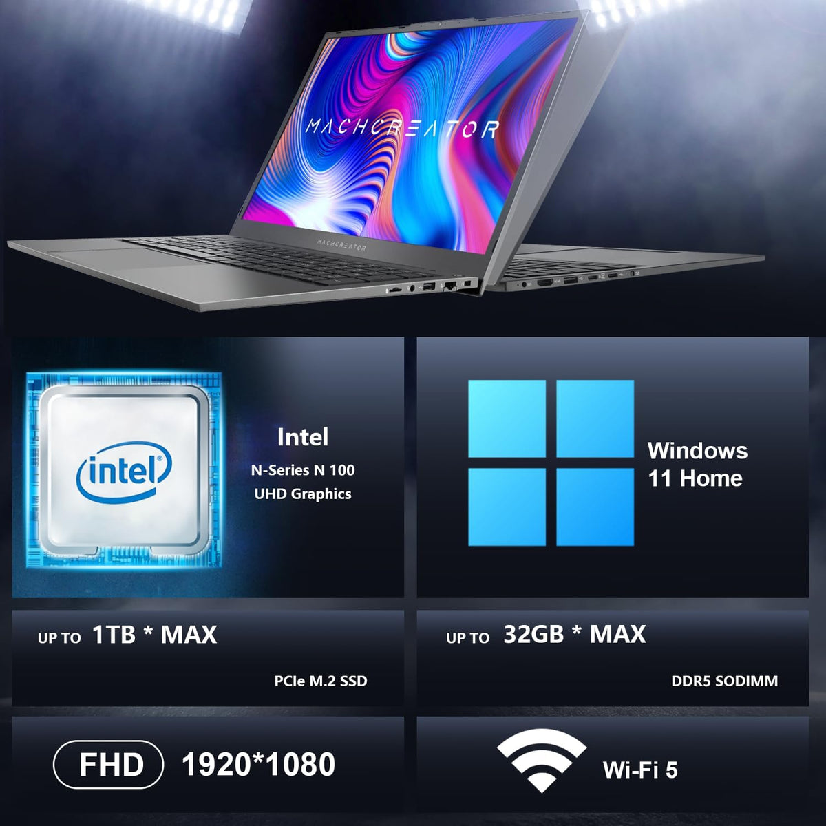 Machenike 17.3'' Laptop, Intel Processor, 16GB DDR5 RAM, 512GB SSD, Backlit Keyboard, Large-Screen with 120Hz Refresh Rate, Perfect for Work, School, and Streaming, Windows 11 Home, Modern Grey