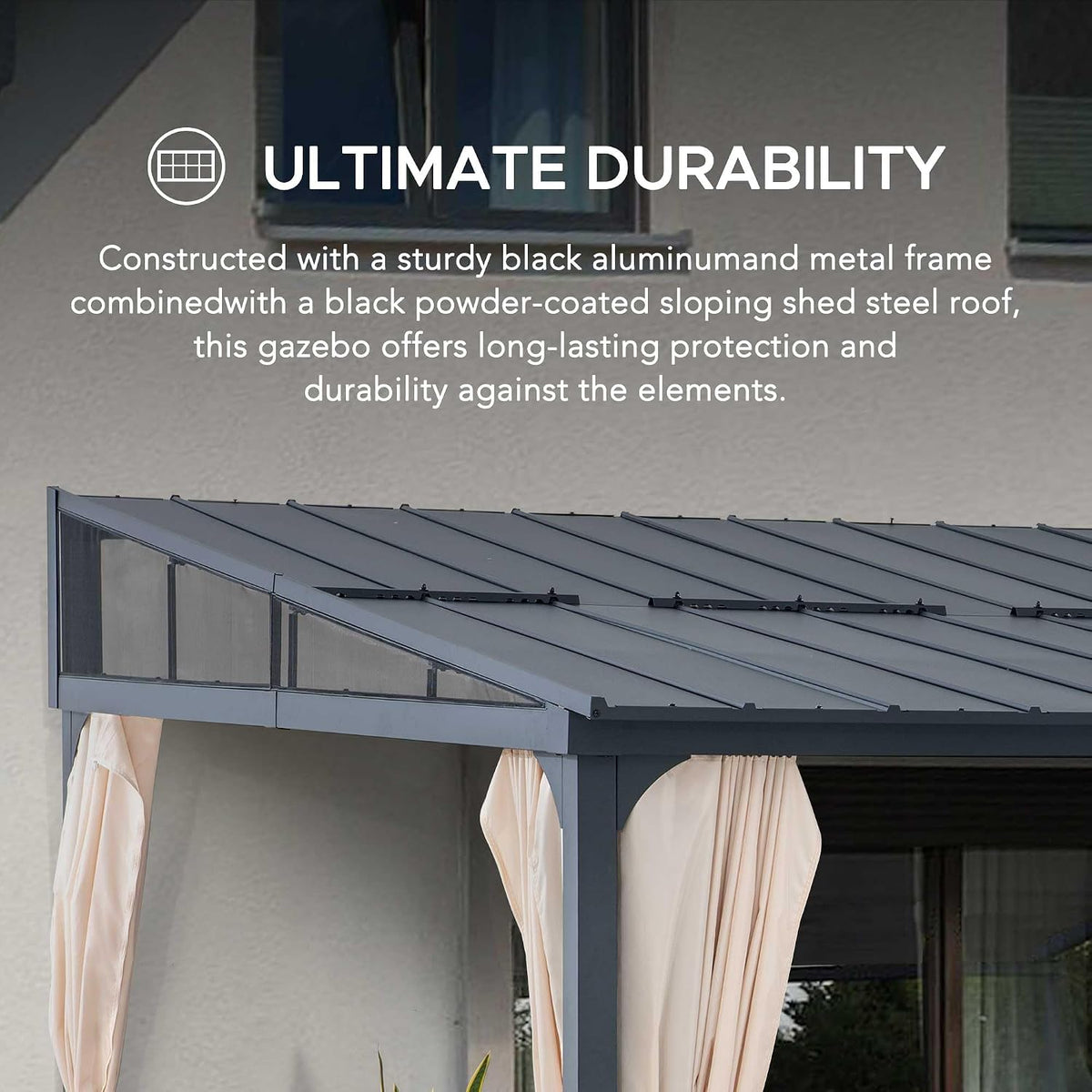 Sunjoy 12 x 14 ft Wall Mounted Gazebo with Powder Coated Steel Roof, Black Aluminum & Metal Frame Lean to Gazebo with Curtains and Netting
