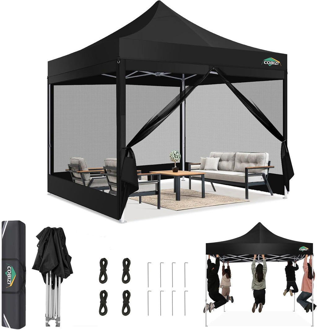 COBIZI Canopy Tent 10x10 Heavy Duty, Pop Up Gazebo with Netting Screened,Waterproof Ez up Canopy with Sidewalls, Outdoor Instant Screen House Tent for Camping,Backyard, Wedding, Birthday,Black