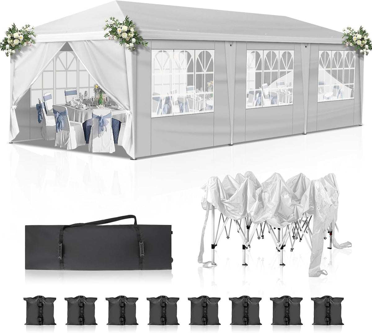 VINGLI 10x30 Pop Up Canopy Tent with Sidewalls, Outdoor Gazebo Canopy Tent, Patio Event Tents Outdoor Event Shelter for Parties (White)