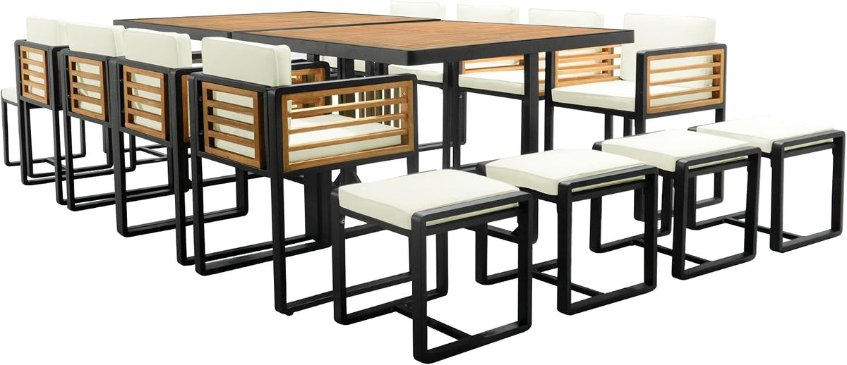 Merax 18 Pieces Outdoor Dining Set for 16 People, Acacia Wood Patio Furniture Sets with 2 Square Tables, 8 Cushioned Chairs and 8 Ottomans for Backyard, Garden, Lawn, Poolside, Beige