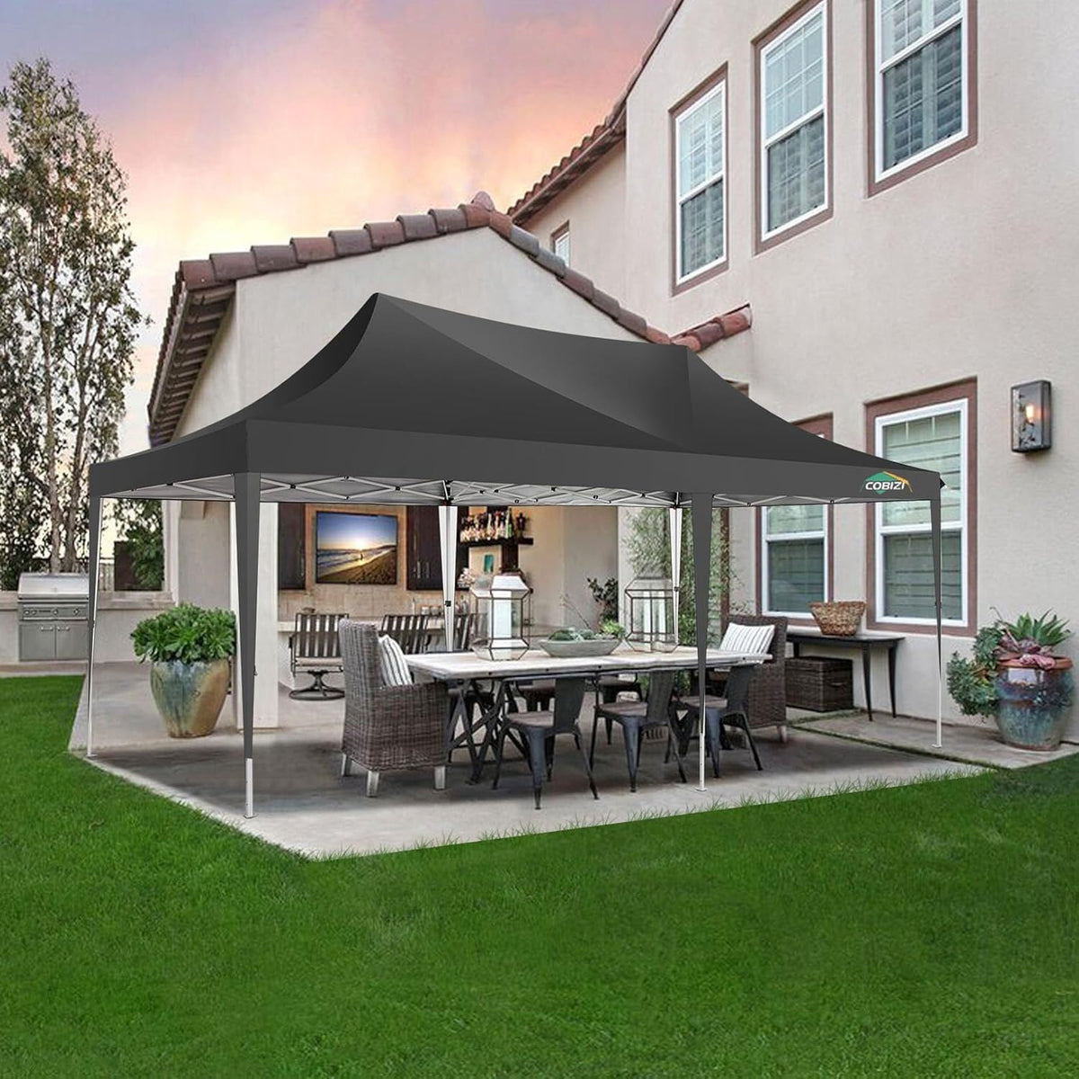 COBIZI 10x20 Pop Up Canopy Tent with Sidewalls, Outdoor Party Tent, Waterproof & UV50+, 3 Adjustable Heights, Higher Frame Design for Parties Backyard, Weddings, Markets, Black