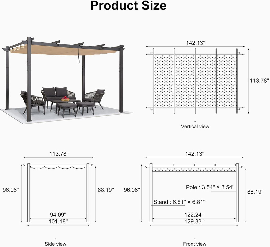 PURPLE LEAF 10' X 12' Outdoor Retractable Pergola with Sun Shade Canopy Patio Metal Shelter for Garden Porch Beach Pavilion Grill Gazebo Modern Yard Grape Trellis Pergola, Beige