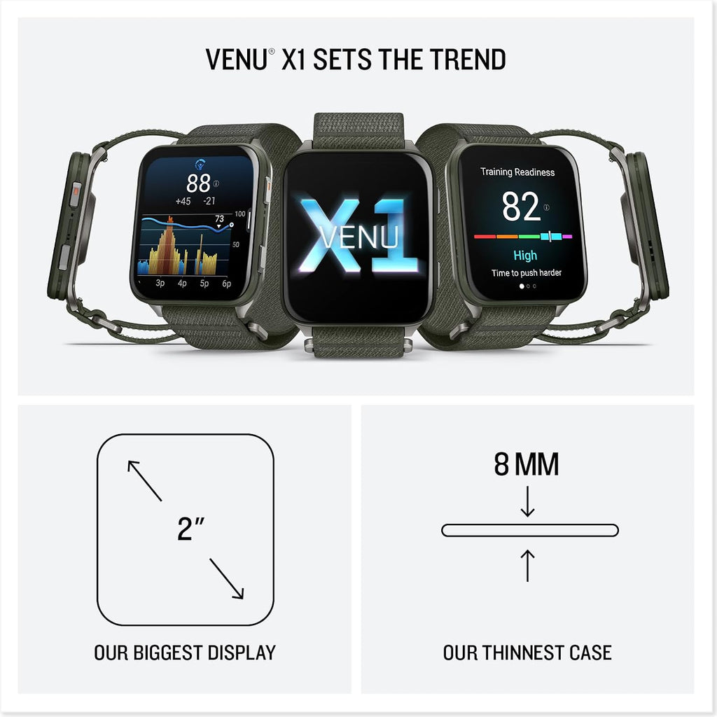 Garmin Venu X1 Thin and Lightweight GPS Smartwatch, 2' AMOLED Display, Sapphire Lens, LED Flashlight, Built-in Maps, 100+ Sports Apps, Fitness and Wellness Tracking, Moss with Titanium Caseback