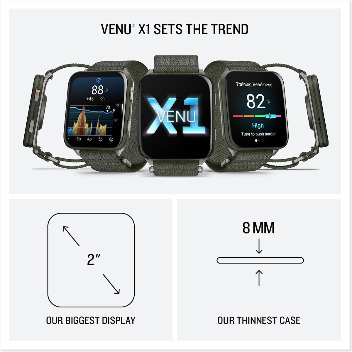 Garmin Venu X1 Thin and Lightweight GPS Smartwatch, 2' AMOLED Display, Sapphire Lens, LED Flashlight, Built-in Maps, 100+ Sports Apps, Fitness and Wellness Tracking, Moss with Titanium Caseback