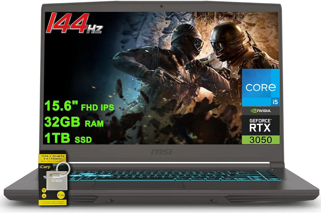 msi Thin 15 Gaming Laptop 15.6' FHD IPS 144Hz Intel 8 core i5-13420H (Beats i7-11800H) 32GB RAM 1TB SSD GeForce RTX 3050 Backlit Type-C Win11 ICP Hub