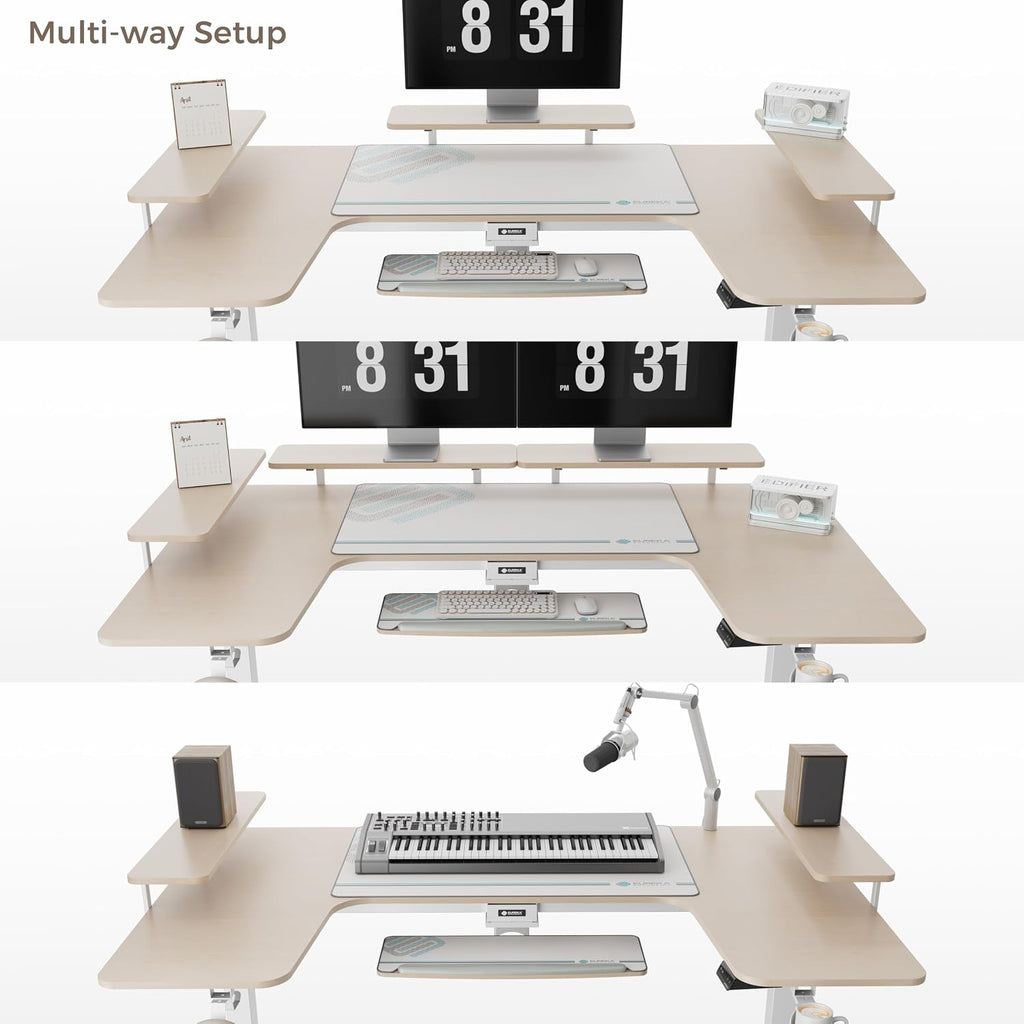 EUREKA ERGONOMIC Gaming Standing Desk with Keyboard Tray,74' U Shaped Studio Desk for Recording&Live,Electric Height Adjustable Desk w LED Convertible Shelves,Maple