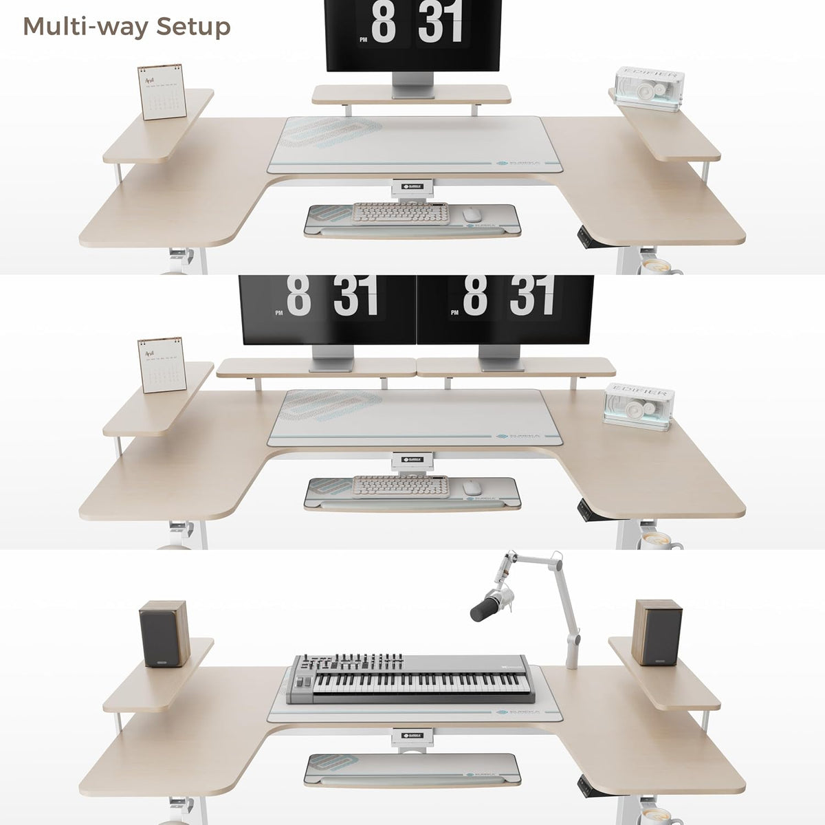 EUREKA ERGONOMIC Gaming Standing Desk with Keyboard Tray,74' U Shaped Studio Desk for Recording&Live,Electric Height Adjustable Desk w LED Convertible Shelves,Maple