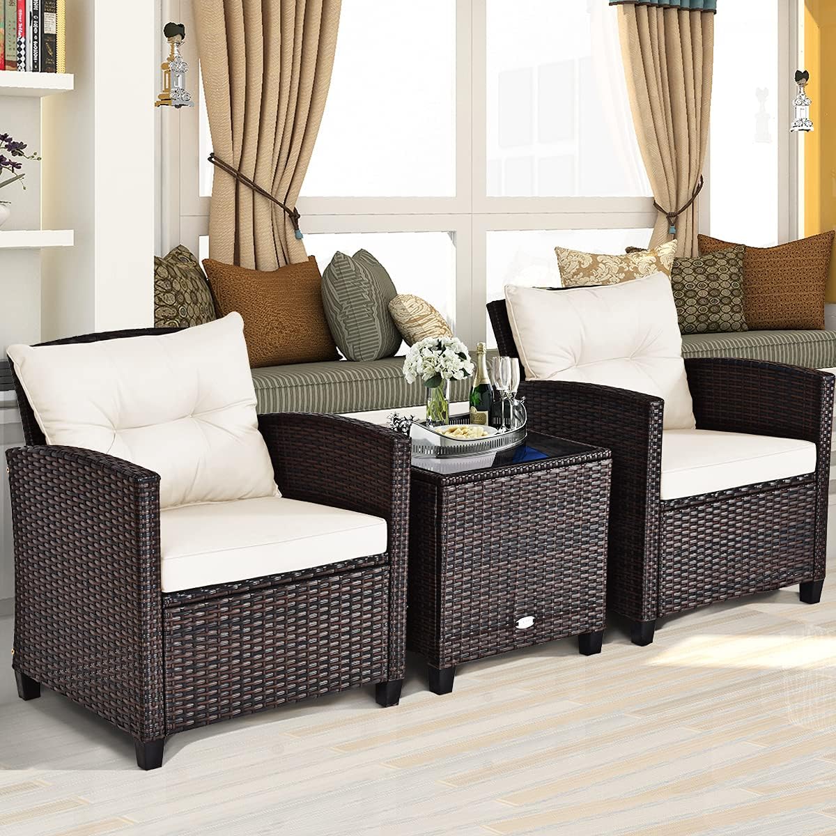 HAPPYGRILL 3 Pieces Patio Conversation Set, Outdoor Furniture Set PE Rattan Sofa Set with Removable Cushions, PE Wicker Chairs with Tempered Glass Side Table for Porch Lawn Garden Balcony Backyard