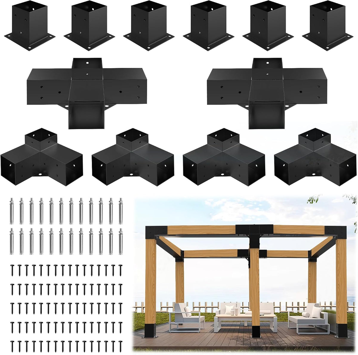 JEXALINE Aluminum Pergola Kit for 4'x4' Lumber, Heavy Duty Pergola Brackets with 3-Way & 4-Way Corner Brackets, DIY Gazebo Kit for Outdoor Patio Backyard Garden, Fits Actual 3.6' x 3.6' Wood