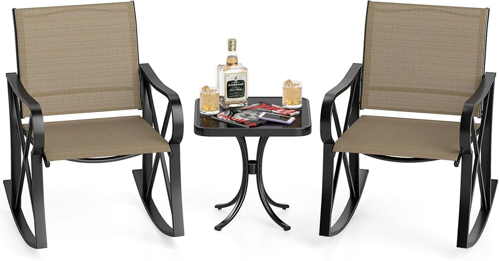 HAPPYGRILL 3-Piece Patio Rocking Bistro Set Rocker Chairs Set with Side Table, Outdoor Conversation Furniture Set with Metal Frame for Porch, Garden, Backyard, Balcony (Brown)