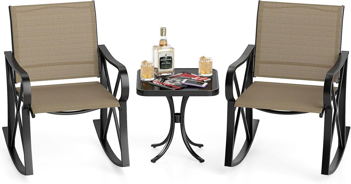 HAPPYGRILL 3-Piece Patio Rocking Bistro Set Rocker Chairs Set with Side Table, Outdoor Conversation Furniture Set with Metal Frame for Porch, Garden, Backyard, Balcony (Brown)