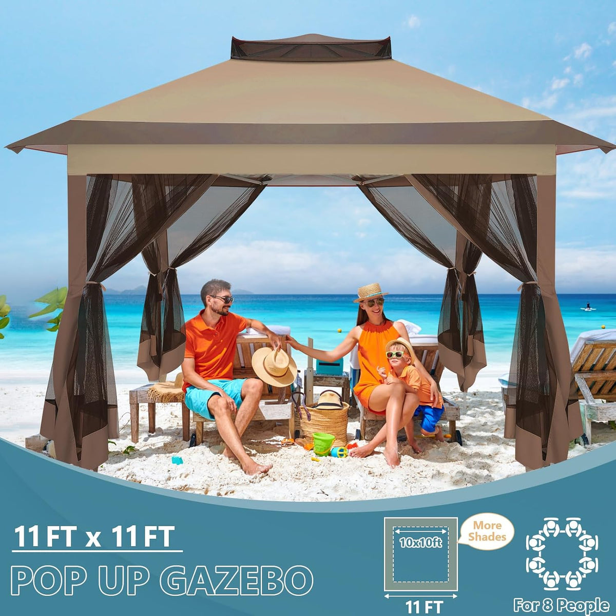 COBIZI 11x11 Pop Up Gazebo Canopy Tent Easy Up Outdoor Gazebo Waterproof Upgrade Portable Gazebo with Mosquito Nettings, Double Vented Roof and Carry Bag for Patio Garden(Brown)