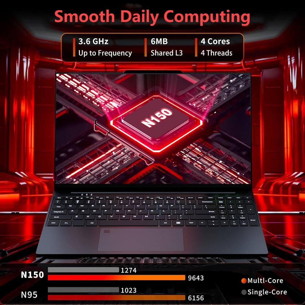 DUNHOO Laptop, 15.6 inch Laptops with N150 Processor(Beat to i3-1115G4, up to 3.6GHz), Gaming Laptop 16GB RAM 512GB SSD, Laptops Computer Metal Shell, Fingerprint Unlock, MINI HDMI 100W Webcam Numpad