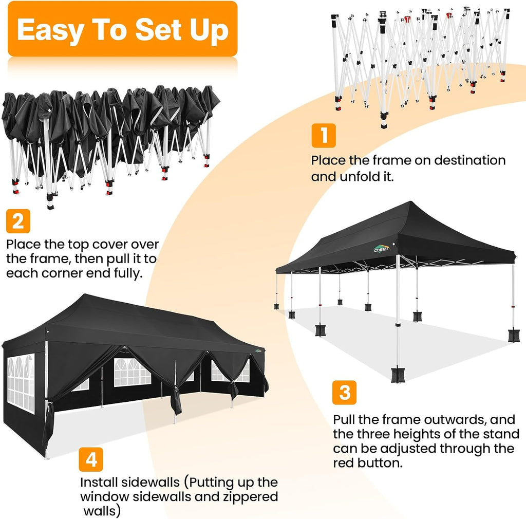 COBIZI 10x30 Pop up Canopy with Roller Bag & 8 Removable Sidewalls, Canopy Tent for Parties, Wedding, and Commercials, Waterproof and Instant Shelter UV50+ Outdoor Gazebo with 4 Sandbags(Black)