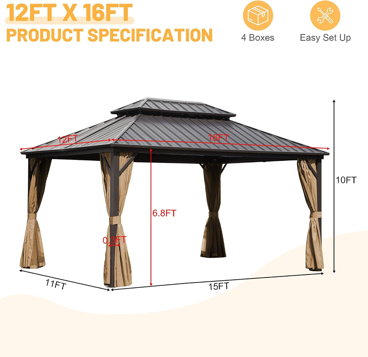 12x16 ft Hardtop Gazebo Outdoor Aluminum Patio Gazebo Double Roof Galvanized Steel Canopy with Netting and Curtains for Garden, Backyard, Deck and Lawns.