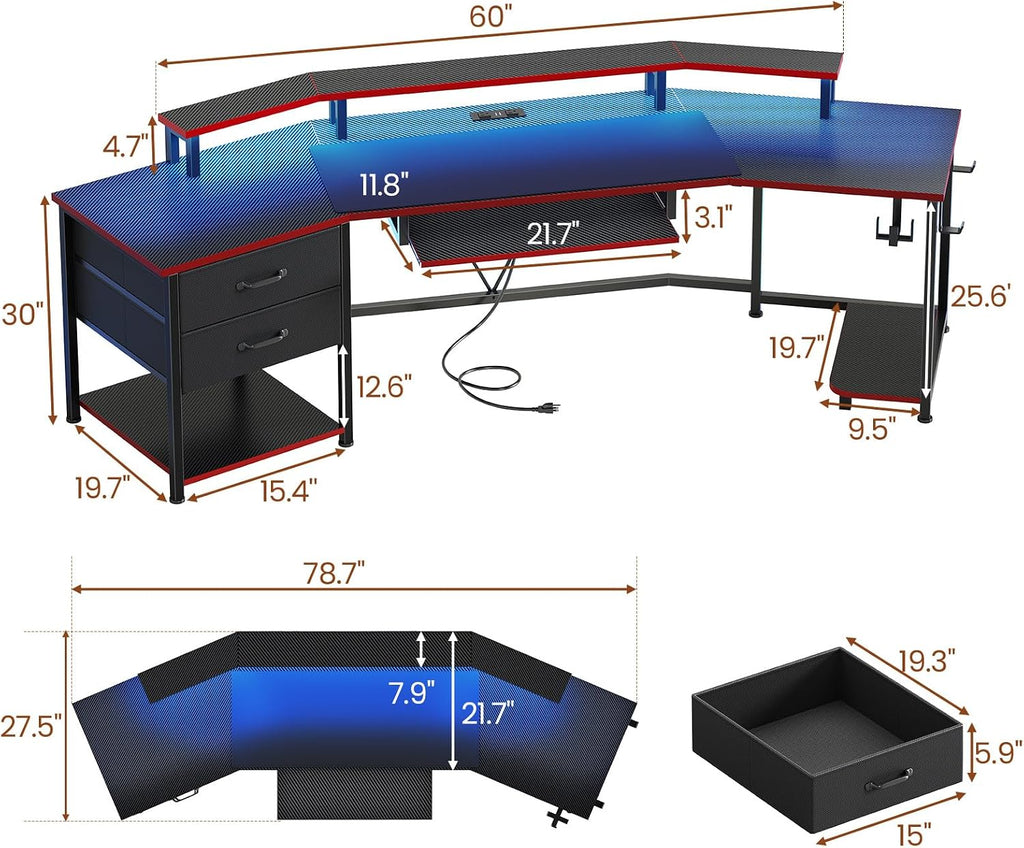 Itaar 79' Gaming Desk with 2 Fabric Drawers, Long Computer Desk with Power Strip & LED Lights, U Shaped Desk wtih Storage and Cup Holder, Large Gaming Table for Bedroom, Carbon Fiber Black+Red